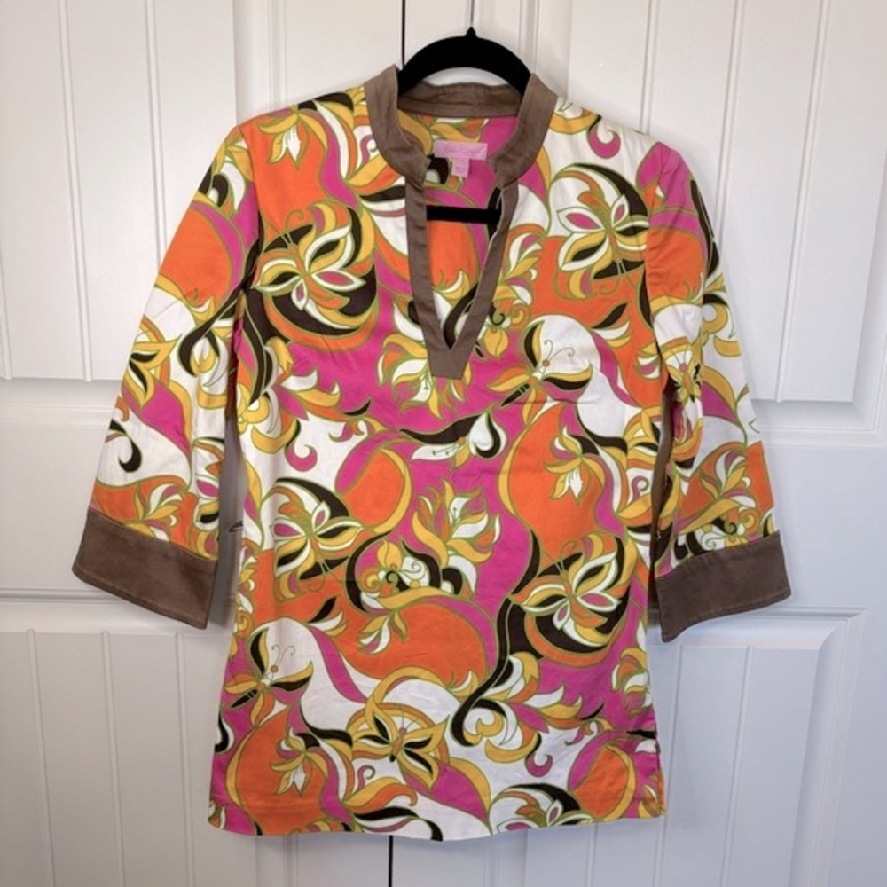 Lilly Pulitzer Newbury Cotton Tunic Pink Orange Brown Butterflies Size X…